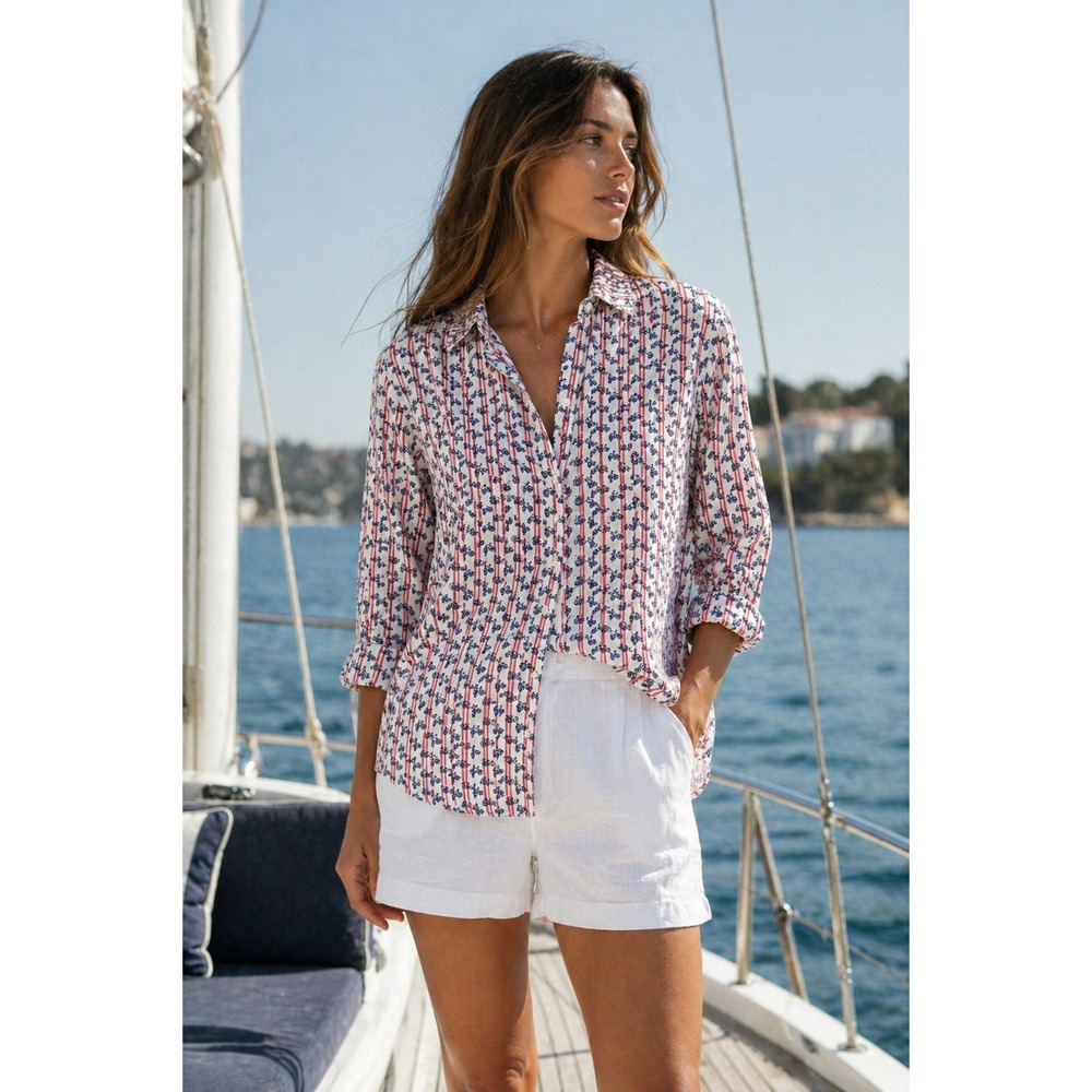 Grayson The Hero Cotton Button‎ Up Shirt Womens 02 White Red Blue Bicycle Stripe